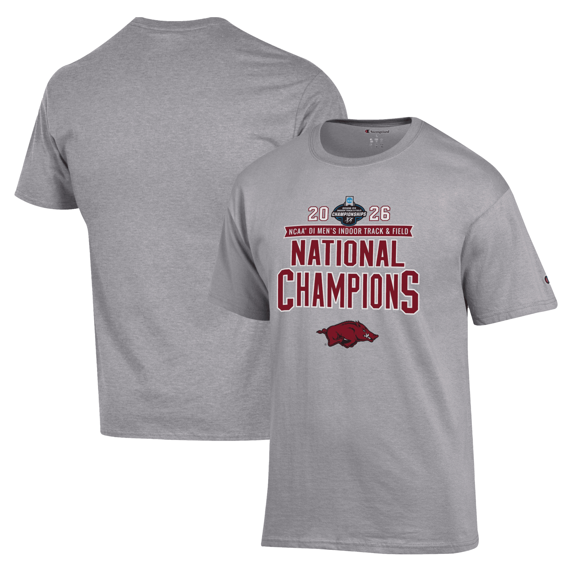 Unisex Champion  Gray Arkansas Razorbacks 2026 NCAA Men's Indoor Track & Field National Champions T-Shirt