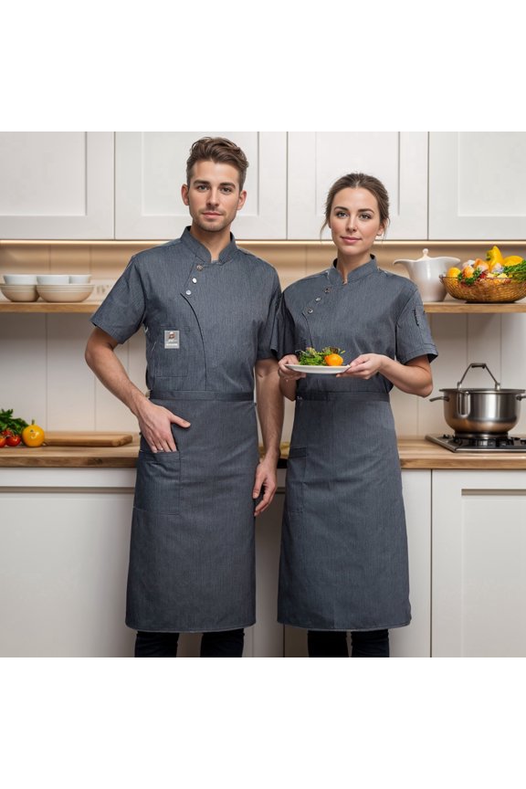 Unisex Chef Coat Short Sleeve, Breathable Cotton Blend Kitchen Uniform, Press Button Stand Collar Chef Jacket, Hotel Restaurant Cooking Work Shirt, M-6XL