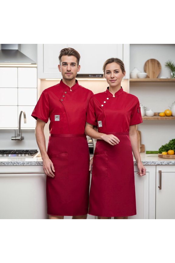 Unisex Chef Coat Short Sleeve, Breathable Cotton Blend Kitchen Uniform, Press Button Stand Collar Chef Jacket, Hotel Restaurant Cooking Work Shirt, M-6XL