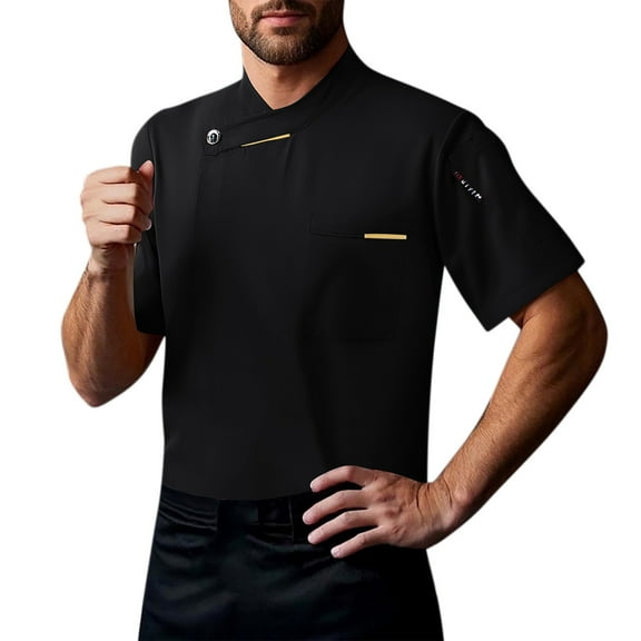 Unisex Chef Coat Short Sleeve Chef Jacket Breathable Stand Collar Restaurant Kitchen Work Breathable Cooking Uniform,Black,M