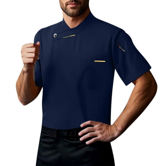 Unisex Chef Coat Short Sleeve Chef Jacket Breathable Stand Collar Restaurant Kitchen Work Breathable Cooking Uniform,Blue,XXXL