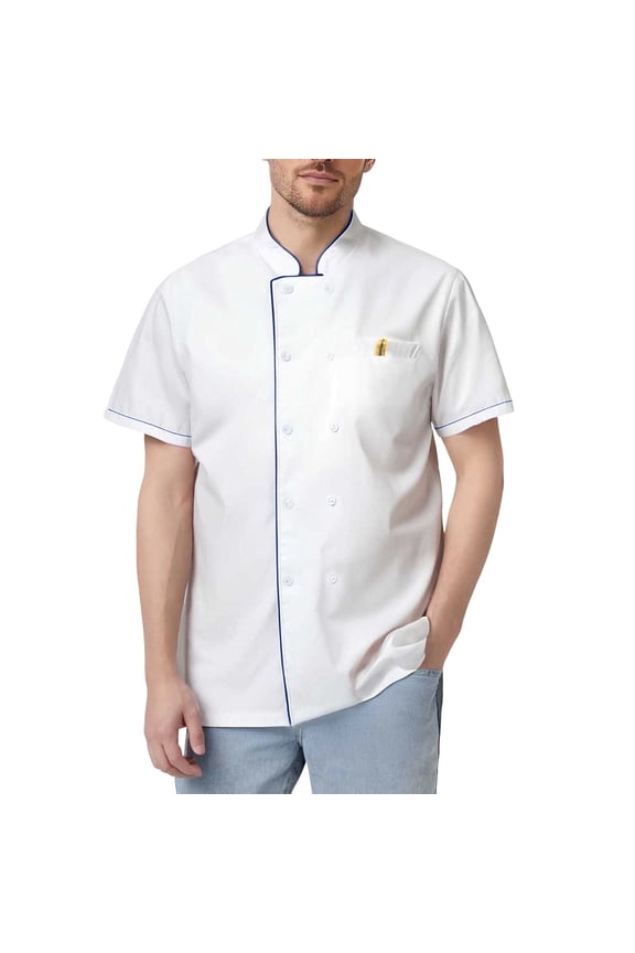 Unisex Chef Coat Short Sleeve Chef Jacket Breathable Stand Collar Restaurant Kitchen Work Breathable Cooking Uniform,Blue,XXXXL