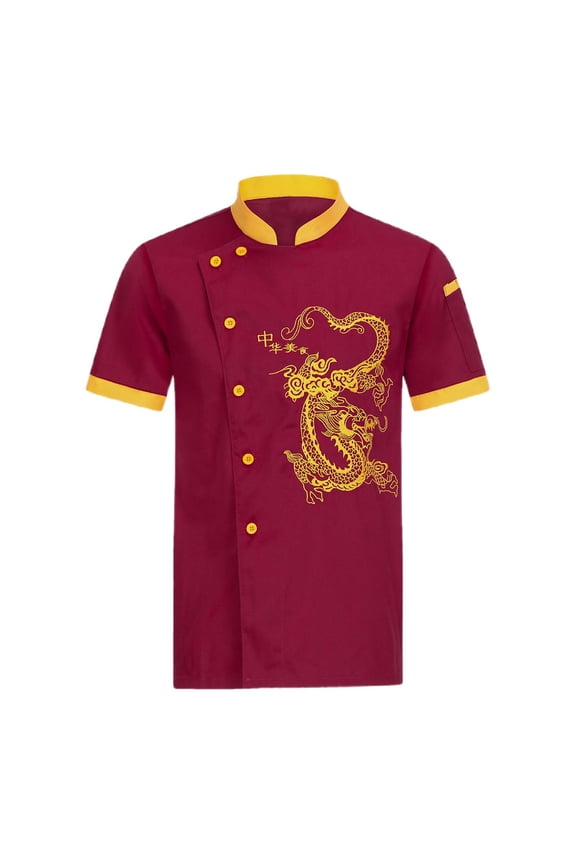 Unisex Chef Coat Short Sleeve Chef Jacket Breathable Stand Collar Restaurant Kitchen Work Breathable Cooking Uniform,Red,XXXXL