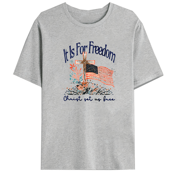 Unisex "Christ Set Us Free" Christian Print T-Shirts Short Sleeve Tops Freedom Apparel Christ Set Us Free Shirts 4th July Church Tees Gray,2XL