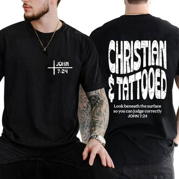 Unisex Christian Graphic T-Shirt, “Christian and Tattooed” Double-Sided Design, Vintage I Love Jesus Tee, Cotton Crew Neck, Sizes S–5XL