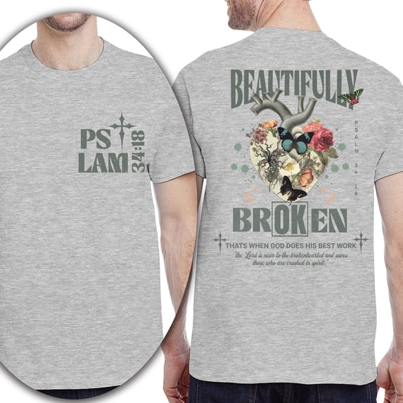 Unisex Christian T-Shirt, Double-Sided Beautifully Broken Shirt – Psalm 34:18 Butterfly Floral Heart Tee, Ash, Size S