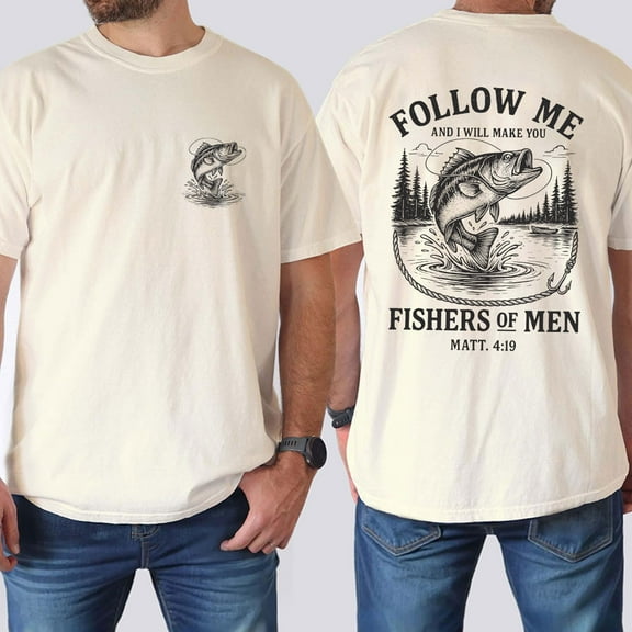 Unisex Christian T-Shirt, "Follow Me" Double-Sided Matt 4:19 Fishers of Men Bible Quote with Fisherman Graphic, Religious Streetwear Tee, Inspirational Gift for Believers