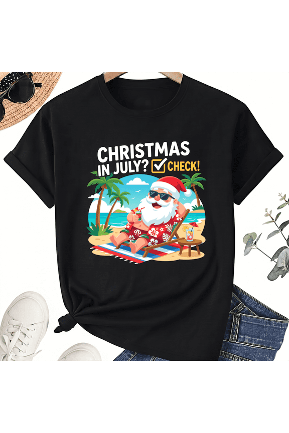 Unisex Christmas In July Santa Beach Graphic T-Shirt, Checklist