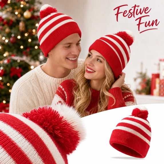 Unisex Christmas Knit Beanie Hat, Red & White Santa Cap with Pom‑Pom, Holiday Costume Accessory for Adults Couple X‑mas Party Daily Outdoor Wear