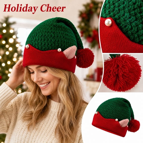 Unisex Christmas Knit Beanie Hat with Elf Ears and Pom-pom, Festive Long Pointed Holiday Cap for Adult Party Cosplay Photo Prop