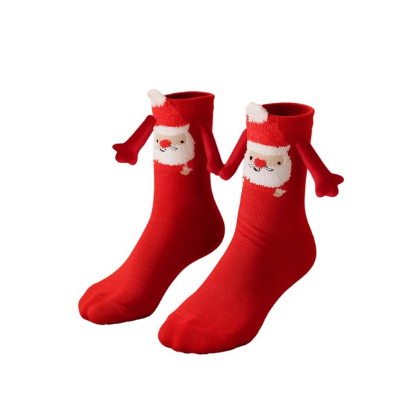 Unisex Christmas Magnetic Hand Holding Knit Socks, Cute Cartoon Print, Soft Warm Festive Crew Socks for Holiday Party Xmas Gift | TruHer,Red