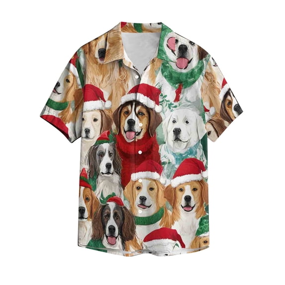 Unisex Christmas Printed Festive Patterns Short Sleeve Collared Button-Down Shirt for Holiday Gatherings and Daily Wear