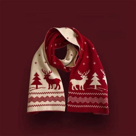 Unisex Christmas Reindeer Snowflake Scarf Fall Winter Warm Knit Long Scarf Large Scarves Gifts