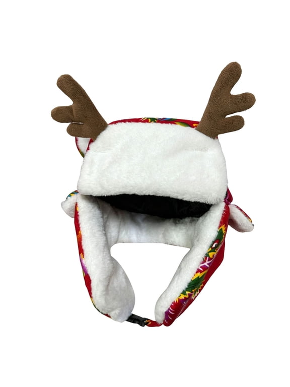 Unisex Christmas Reindeer Trapper Hat, LSONABXA Vibrant Floral Print Plush Fleece Lined Earflap Winter Hat, Adjustable Chin Strap Windproof Warm Hat