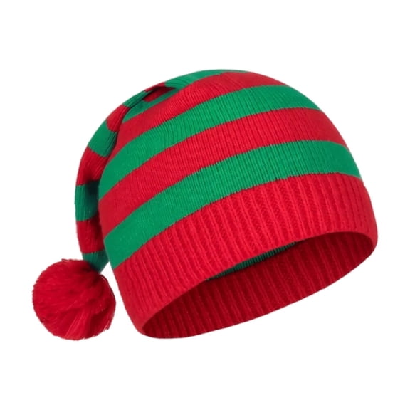 Unisex Christmas Santa Hat Knit Warm Winter Elf Ear Pom Pom Striped Festive Holiday Party Hat for Men Women