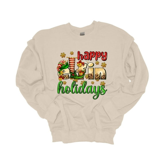 Unisex Christmas Sweatshirt Happy Elfin' Holidays Festive Holiday Crewneck Sweatshirt-Sand-medium
