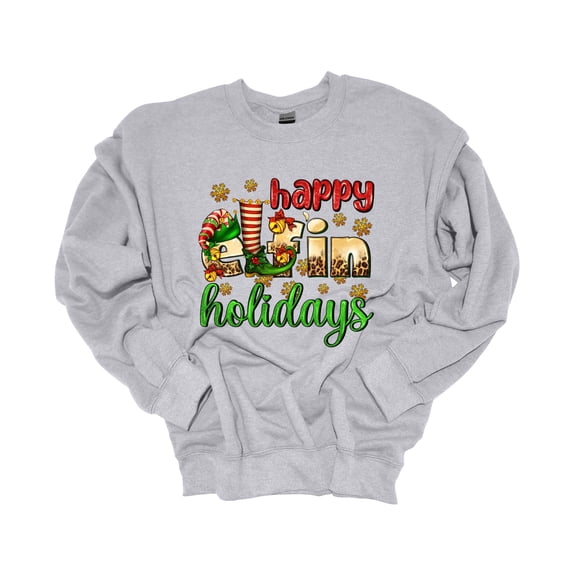Unisex Christmas Sweatshirt Happy Elfin' Holidays Festive Holiday Crewneck Sweatshirt-Sports Grey-xl