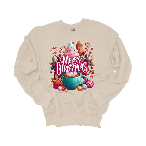 Unisex Christmas Sweatshirt Merry Christmas Hot Chocolate Festive Holiday Crewneck Sweatshirt-Sand-xl