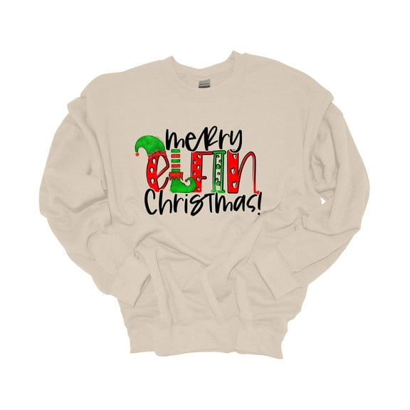 Unisex Christmas Sweatshirt Merry Elfin Christmas Festive Holiday Crewneck Sweatshirt-Sand-small