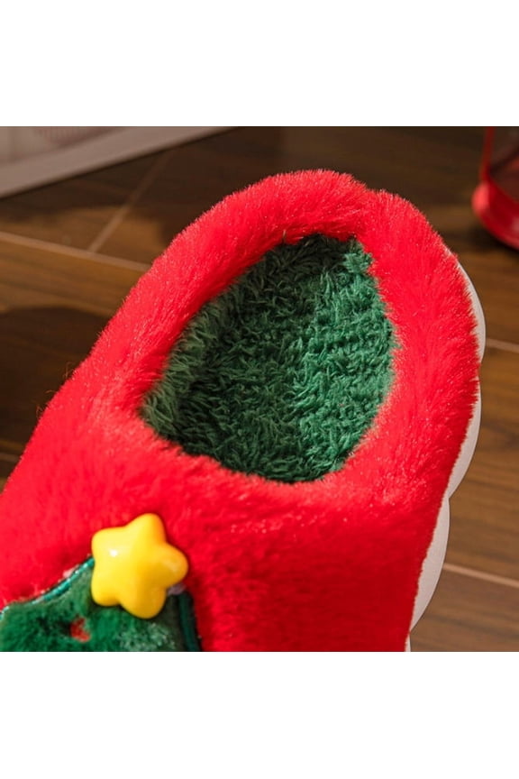 Unisex Christmas Tree - Patterned Plush Home Slippers - Thickened, Warm, and Elevating Indoor Slippers with Round Toe Outdoor Shoes Holiday Gift Slippers