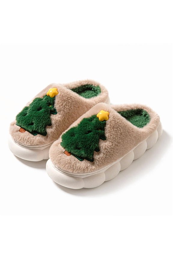Unisex Christmas Tree - Patterned Plush Home Slippers - Thickened, Warm, and Elevating Indoor Slippers with Round Toe Outdoor Shoes Holiday Gift Slippers
