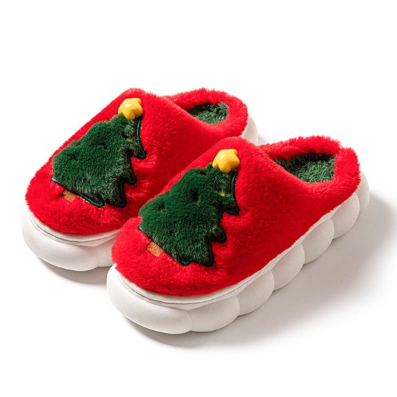 Unisex Christmas Tree Plush Mule Slippers, 3D Xmas Tree Applique Closed Toe Holiday House Slippers, Thick Cloud Non-Slip Sole Warm Fluffy Indoor Bedroom Slippers
