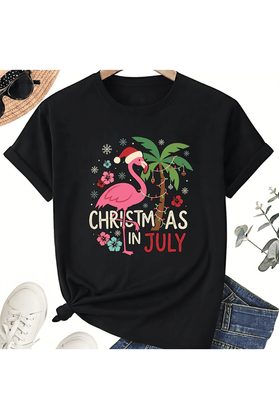 Unisex Christmas in July Flamingo T-Shirt, Pink Tropical Graphic, 100% Cotton Short Sleeve Tee