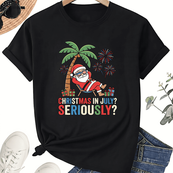 Unisex Christmas in July Santa T-Shirt, Surf Lounge Graphic, 100% Cotton Short Sleeve Tee