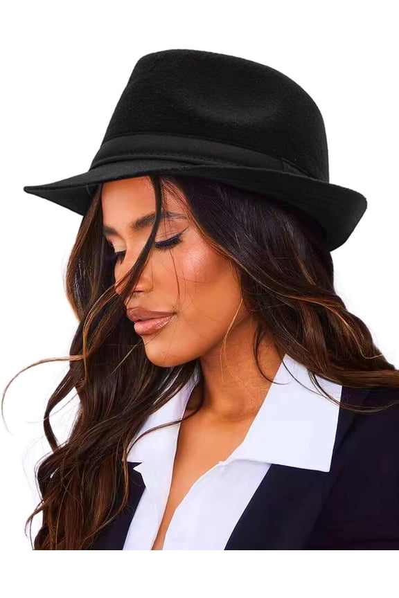 Unisex Classic Manhattan-Gangster-Fedora-Hat Short-Brim Trilby Hat - Women Men  Felt Winter Structured Hat with Band(S/M)