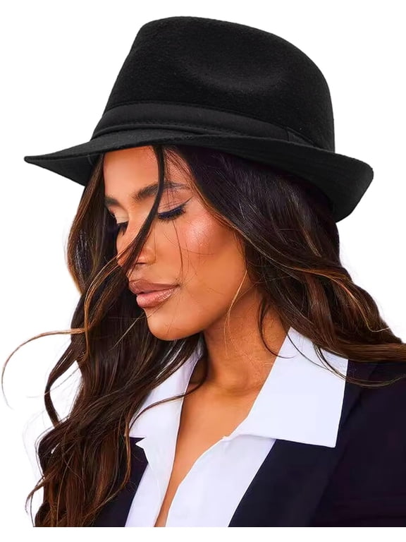 Unisex Classic Manhattan-Gangster-Fedora-Hat Short-Brim Trilby Hat - Women Men Wool Felt Winter Structured Hat with Band(S/M)