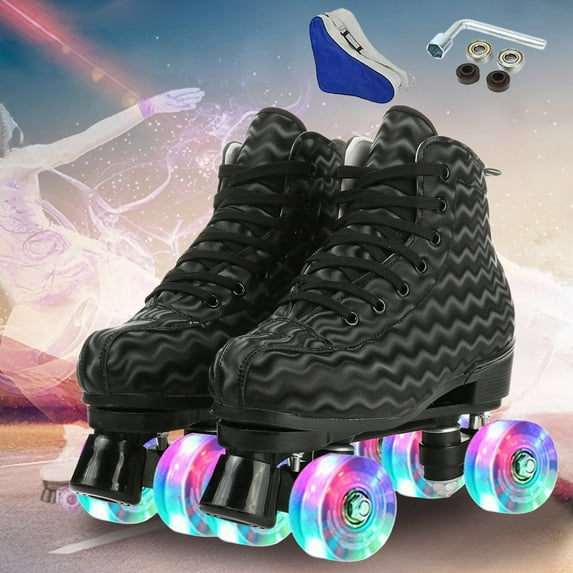 EONROACOO Roller Skates Double Row Leather Shiny Quad Skates for Girls Boys(Ripple Black, Women 8/Men 7)