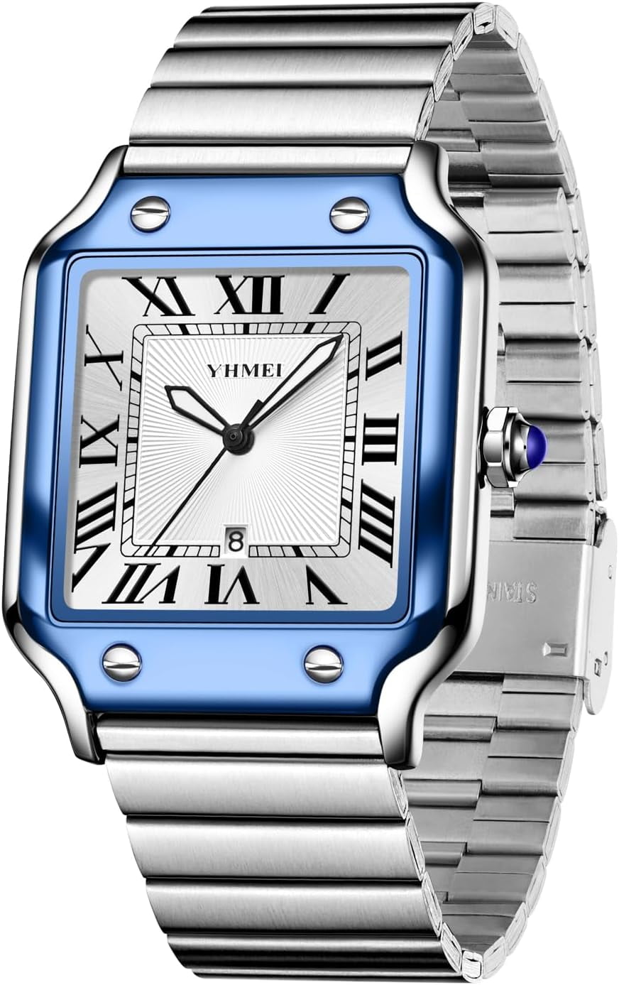 Unisex Classic Square Roman Numerals Silver Analog Waterproof Watches for Women Men Stainless Steel Strap Date Display Casual Wristwatch