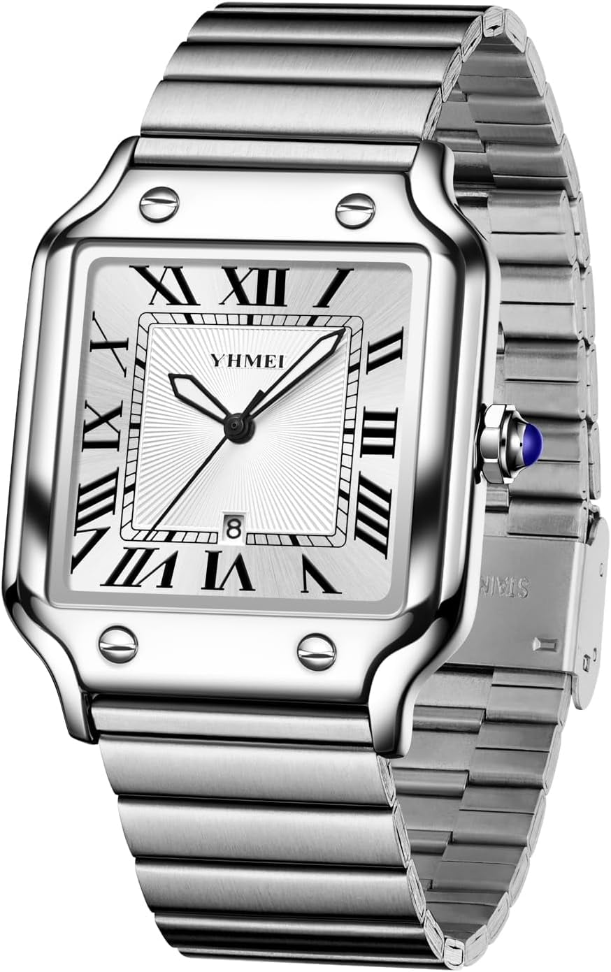 Unisex Classic Square Roman Numerals Silver Analog Waterproof Watches for Women Men Stainless Steel Strap Date Display Casual Wristwatch