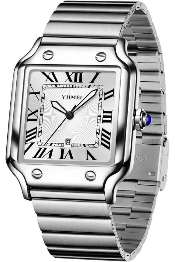 Unisex Classic Square Roman Numerals Silver Analog Waterproof Watches for Women Men Stainless Steel Strap Date Display Casual Wristwatch