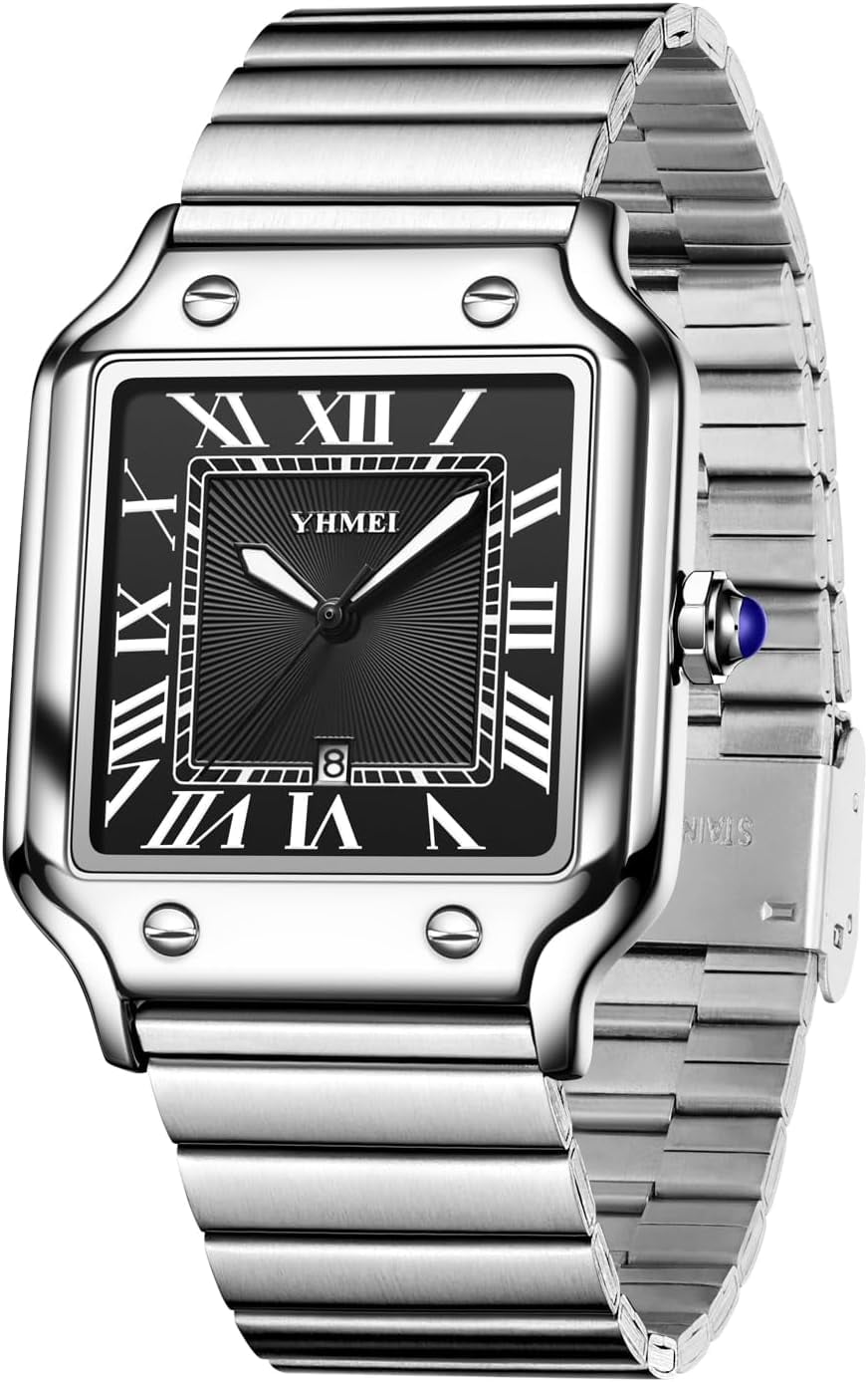 Unisex Classic Square Roman Numerals Silver Analog Waterproof Watches for Women Men Stainless Steel Strap Date Display Casual Wristwatch