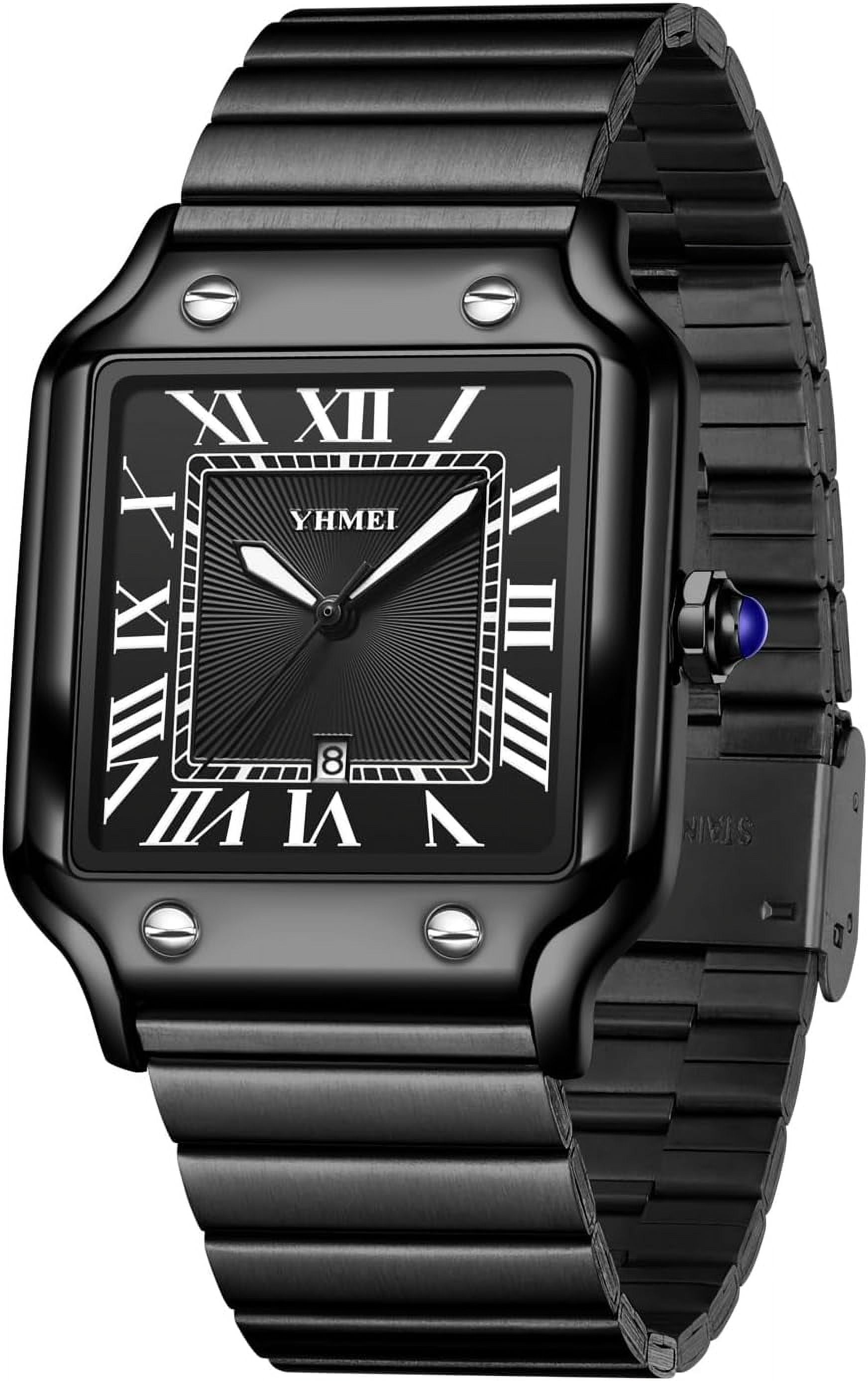 Unisex Classic Square Roman Numerals Silver Analog Waterproof Watches for Women Men Stainless Steel Strap Date Display Casual Wristwatch