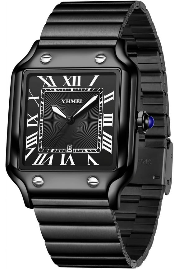 Unisex Classic Square Roman Numerals Silver Analog Waterproof Watches for Women Men Stainless Steel Strap Date Display Casual Wristwatch