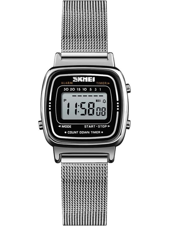 Unisex Classic Square Ultra Thin Digital Wrist Watch, Stainless Steel, Waterproof Luminous LED, Dual Time, Chronograph Stopwatch Alarm for Outdoor Sports