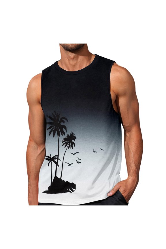 Unisex Coconut Tree Print Tank Tops Loose Fit Casual Sleeveless Crew Neck Beach Summer Top White S