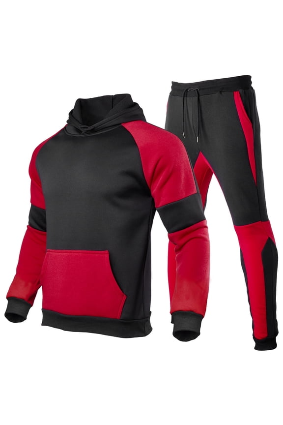Unisex Color Block Patchwork Tracksuit Hooded Long Sleeve Sweatshirt & Sweatpants Set Black + Red