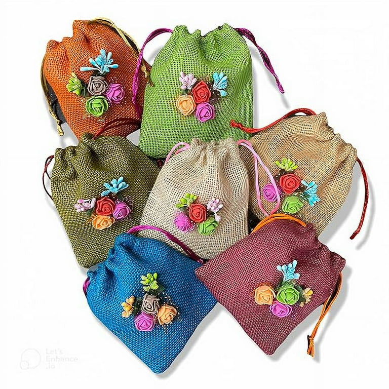 Unisex Colored Jute Potli With Multicolour Flower Jute Linen Potlis 6 x 5 inches Gift Bags for Return Gifts Bags Jute Linen Burlap Walmart