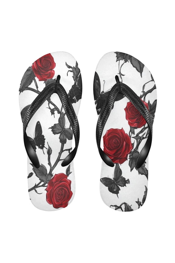 Unisex Comfort Flip Flops Summer Thong Sandals Non Slip Soles Flip Flop for Beach, Pool, and Daily Wear Gothic Red Roses M