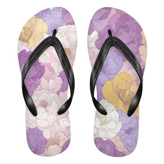 Unisex Comfort Flip Flops Summer Thong Sandals Non Slip Soles Flip Flop for Beach, Pool, and Daily Wear Purple and Yellow Peonies XS