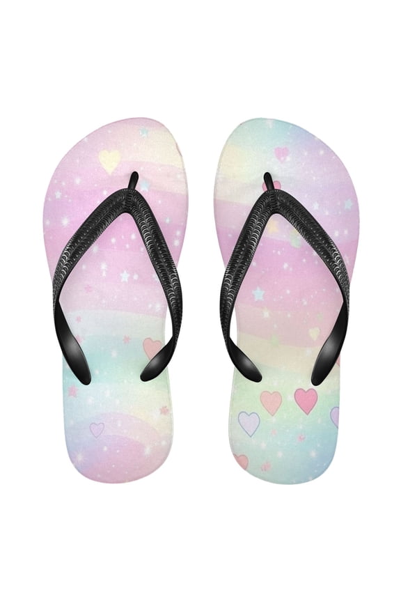 Unisex Comfort Flip Flops Summer Thong Sandals Non Slip Soles Flip Flop for Beach, Pool, and Daily Wear Rainbow Hearts and Stars S
