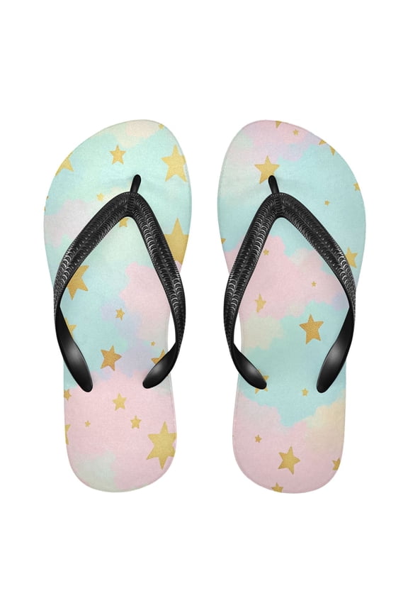 Unisex Comfort Flip Flops Summer Thong Sandals Non Slip Soles Flip Flop for Beach, Pool, and Daily Wear Rainbow Sky with Golden Stars XXL
