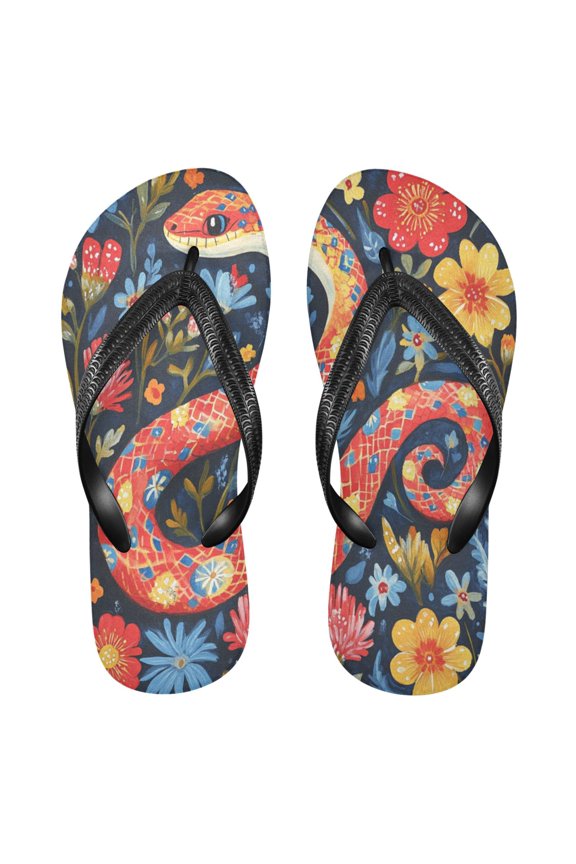 Unisex Comfort Flip Flops Summer Thong Sandals Non Slip Soles Flip Flop for Beach, Pool, and Daily Wear Snake and Flowers XXL
