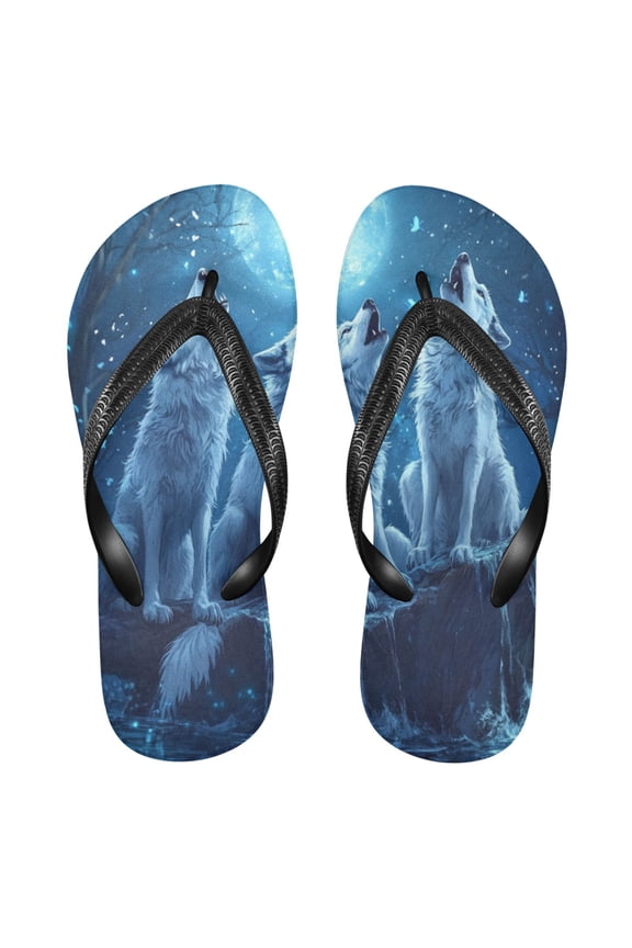 Unisex Comfort Flip Flops Summer Thong Sandals Non Slip Soles Flip Flop for Beach, Pool, and Daily Wear Three Blue Wolves L