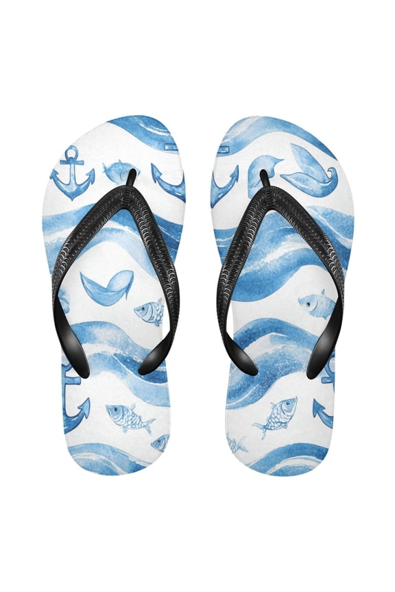 Unisex Comfort Flip Flops Summer Thong Sandals Non Slip Soles Flip Flop for Beach, Pool, and Daily Wear Wave Lines with Fish S
