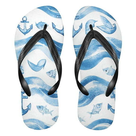 Unisex Comfort Flip Flops Summer Thong Sandals Non Slip Soles Flip Flop for Beach, Pool, and Daily Wear Wave Lines with Fish XL