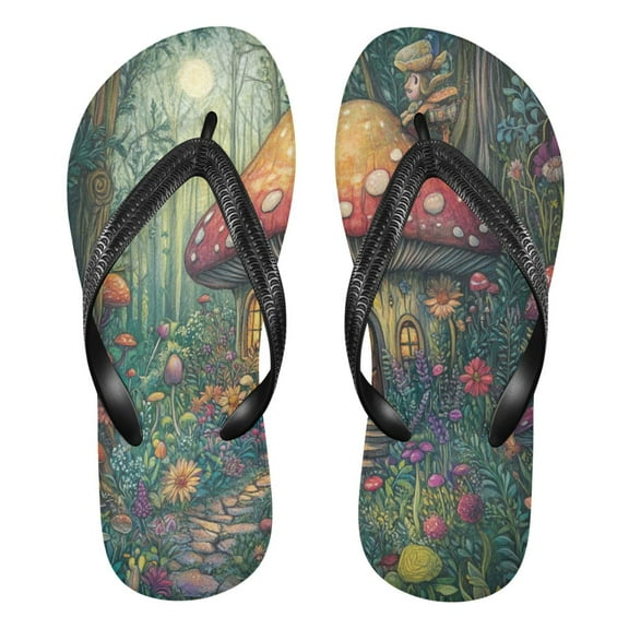 Unisex Comfort Flip Flops Summer Thong Sandals Non Slip Soles Flip Flop for Beach, Pool, and Daily Wear Whimsical Mushroom House XXL